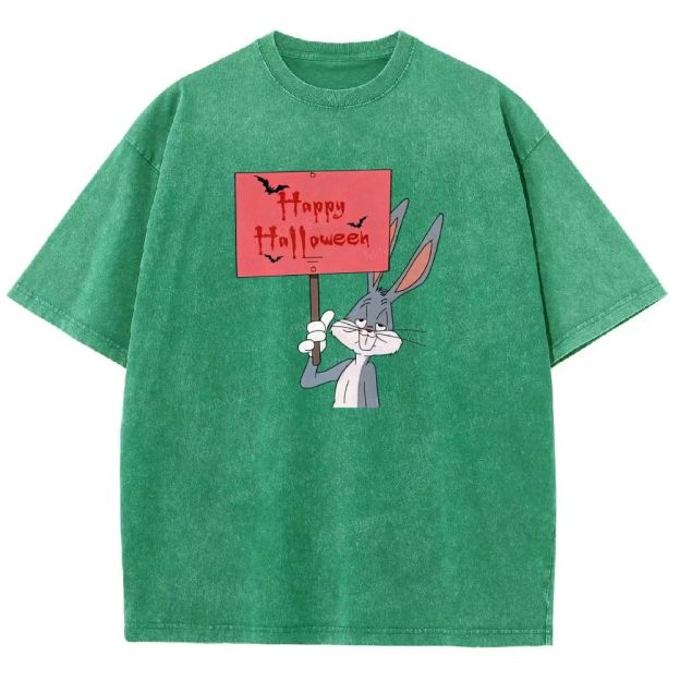 Spooky Halloween Rabbit Character Holding Sign Graphic Washed T-shirt