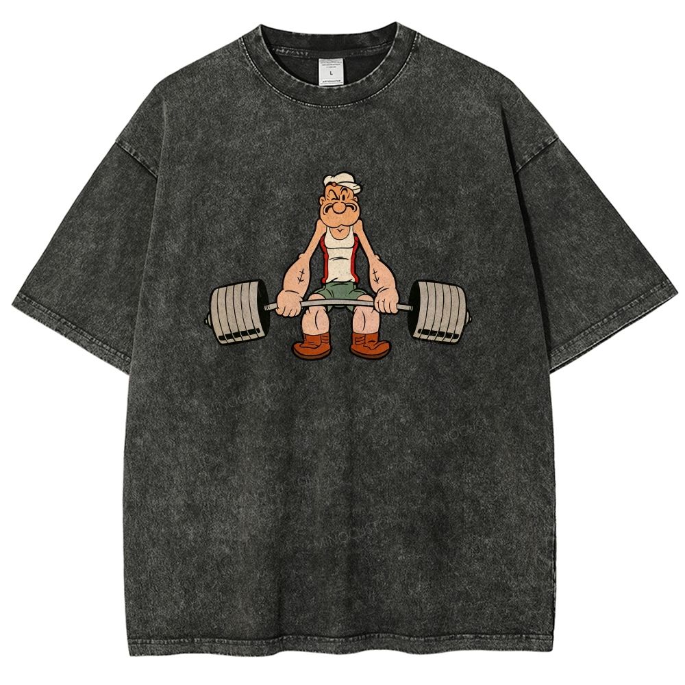 Retro Weightlifting Muscular Sailor Washed T-shirt