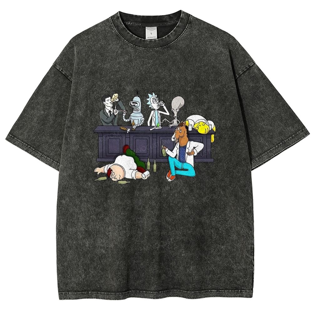 Cartoon Figures Drunk Bar Party Scene Graphic Washed T-shirt