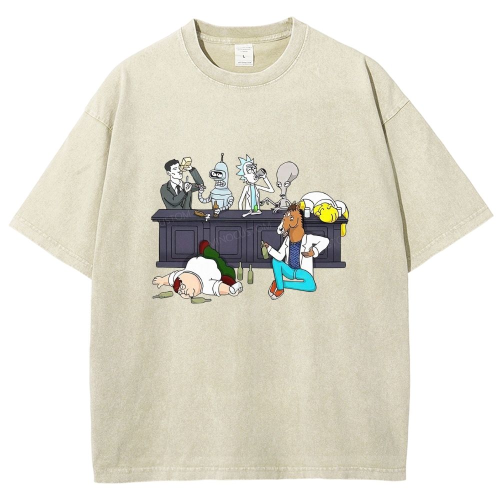 Cartoon Figures Drunk Bar Party Scene Graphic Washed T-shirt