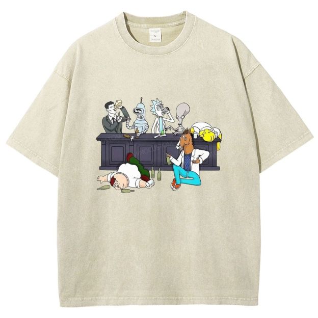 Cartoon Figures Drunk Bar Party Scene Graphic Washed T-shirt