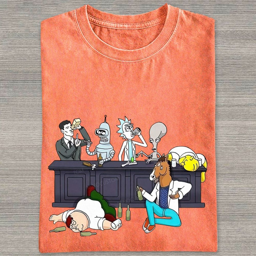 Cartoon Figures Drunk Bar Party Scene Graphic Washed T-shirt