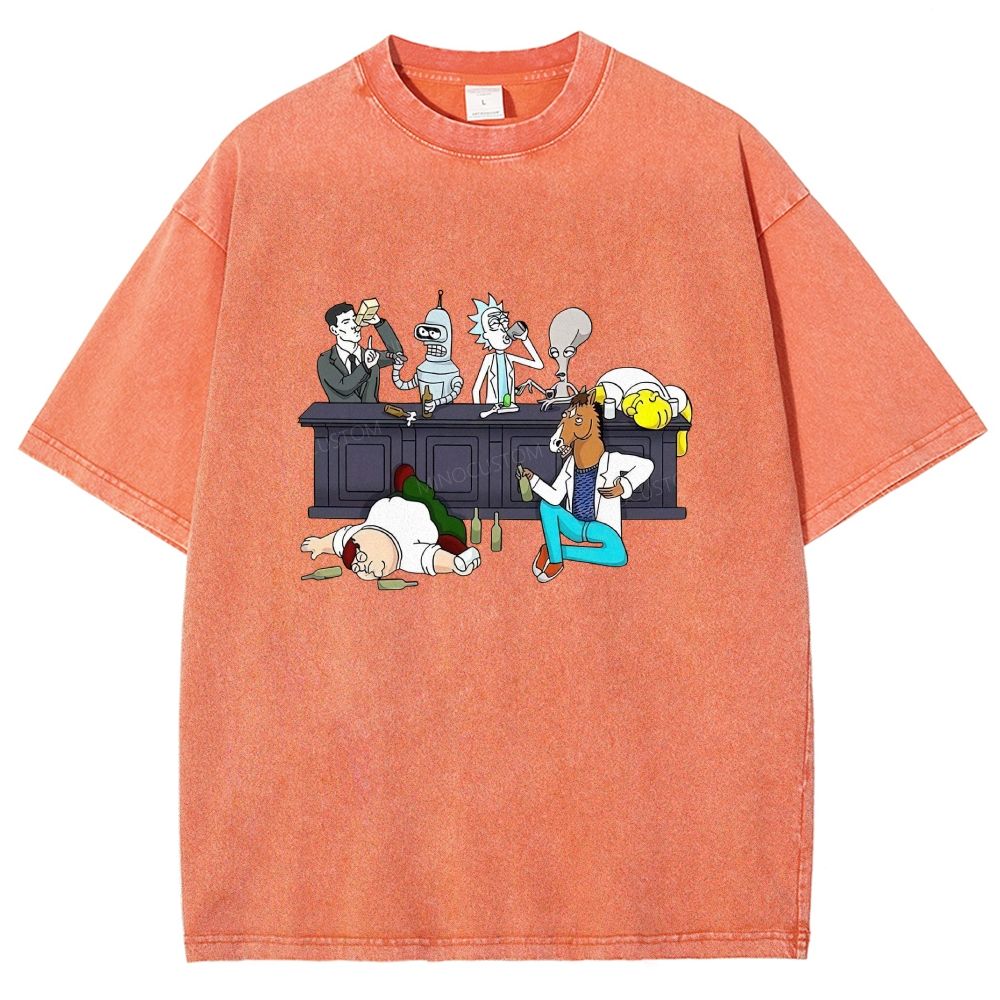Cartoon Figures Drunk Bar Party Scene Graphic Washed T-shirt