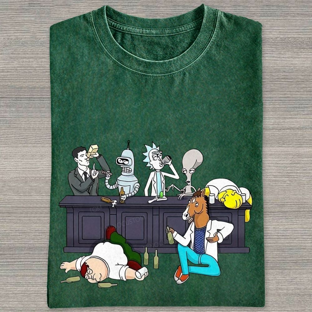 Cartoon Figures Drunk Bar Party Scene Graphic Washed T-shirt