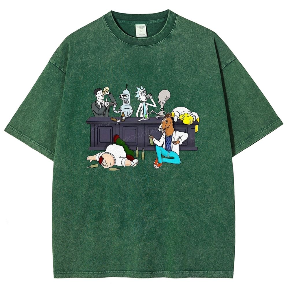Cartoon Figures Drunk Bar Party Scene Graphic Washed T-shirt