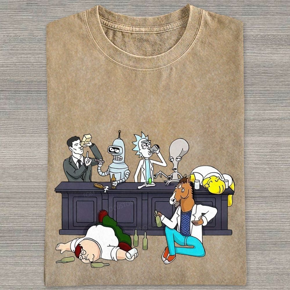 Cartoon Figures Drunk Bar Party Scene Graphic Washed T-shirt