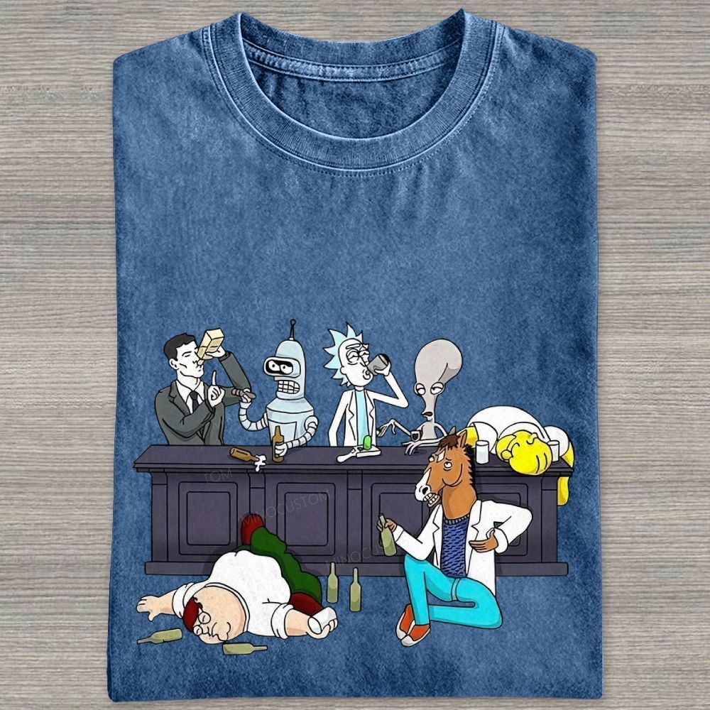 Cartoon Figures Drunk Bar Party Scene Graphic Washed T-shirt