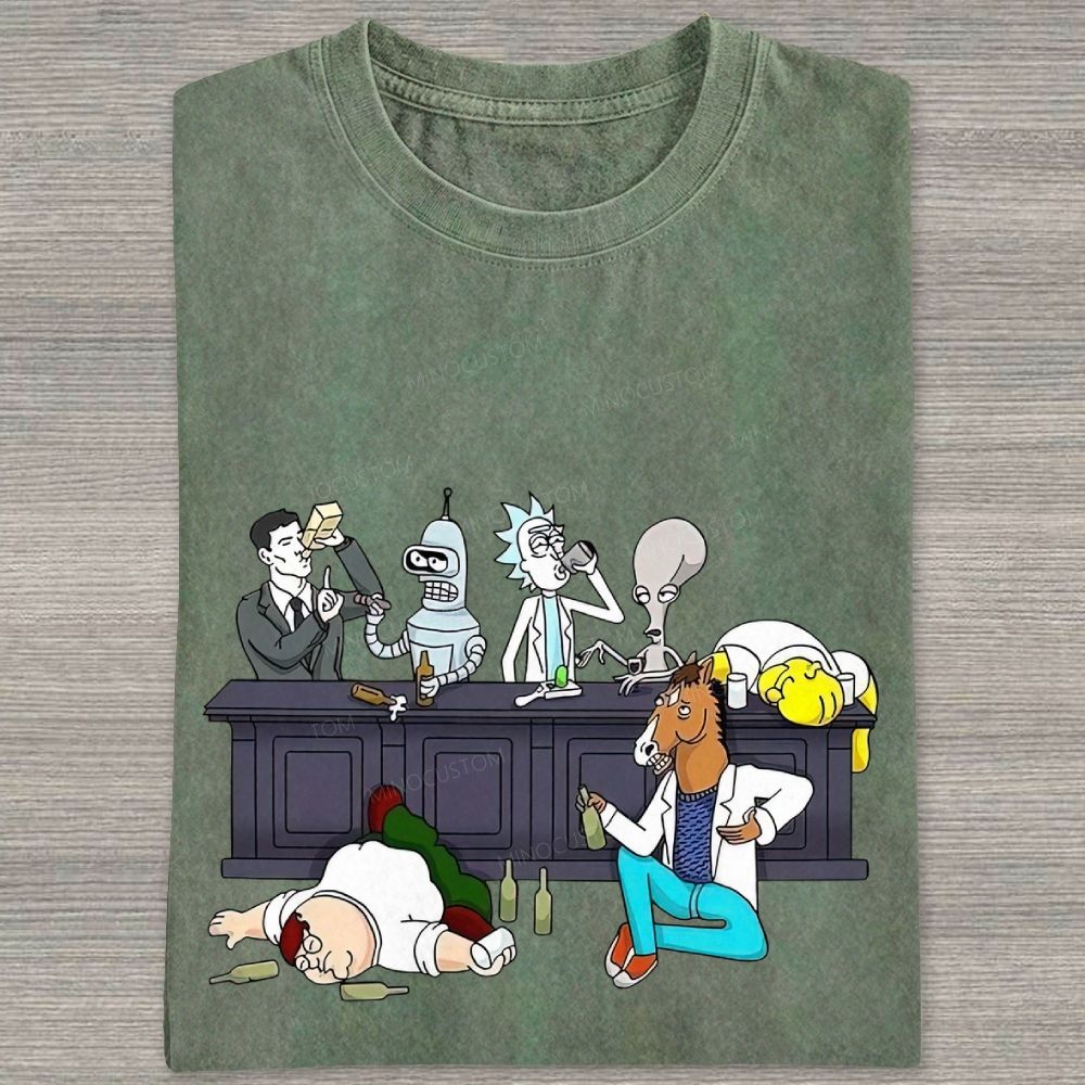 Cartoon Figures Drunk Bar Party Scene Graphic Washed T-shirt