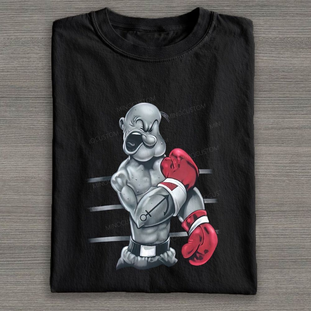 Retro Boxing Muscular Sailor Figure Graphic Cotton T-shirt