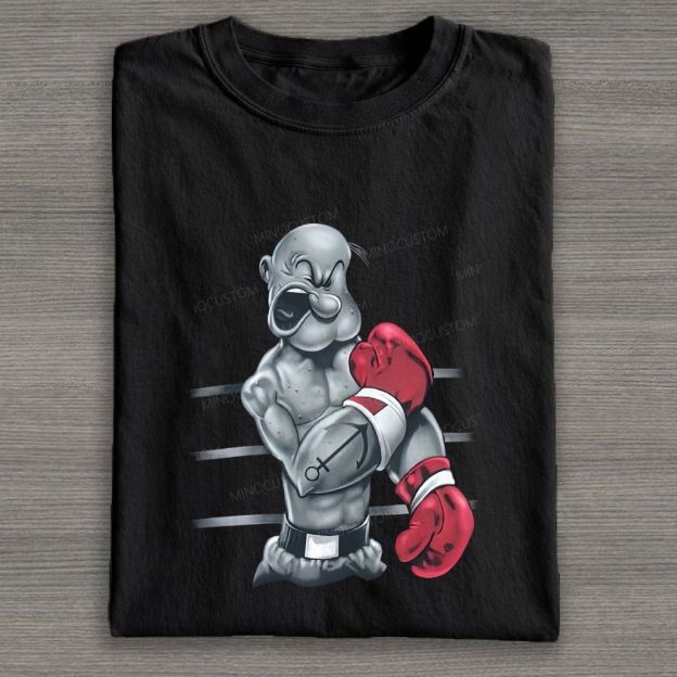 Retro Boxing Muscular Sailor Figure Graphic Cotton T-shirt