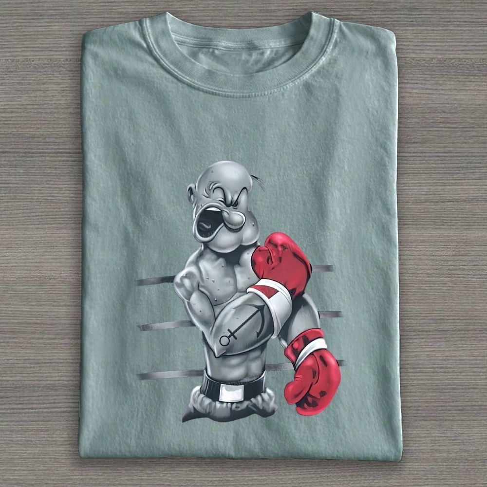 Retro Boxing Muscular Sailor Figure Graphic Cotton T-shirt