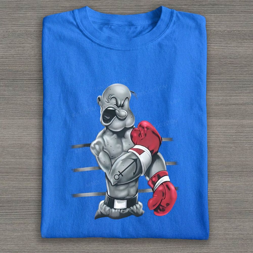 Retro Boxing Muscular Sailor Figure Graphic Cotton T-shirt
