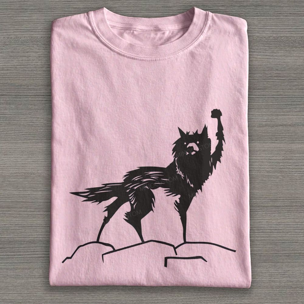 Minimalist Silhouette Wolf Raising Fist Graphic Cotton T-shirt