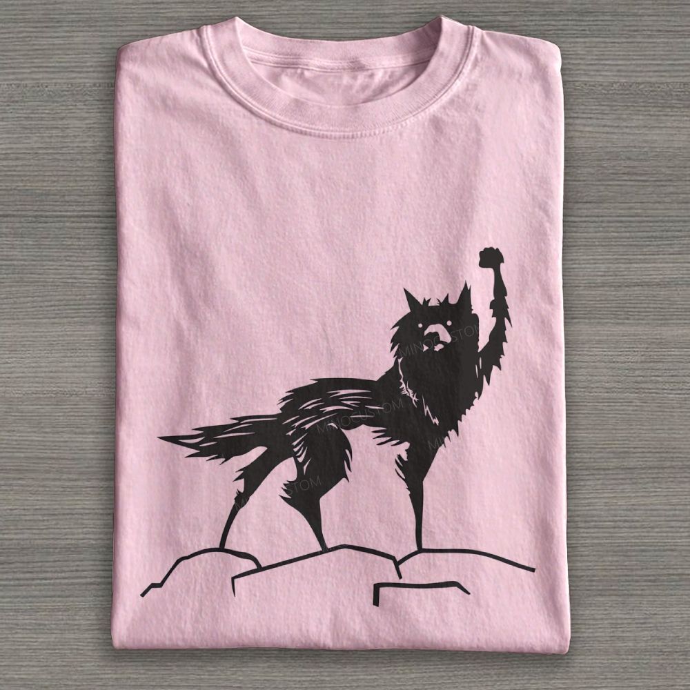Minimalist Silhouette Wolf Raising Fist Graphic Cotton T-shirt