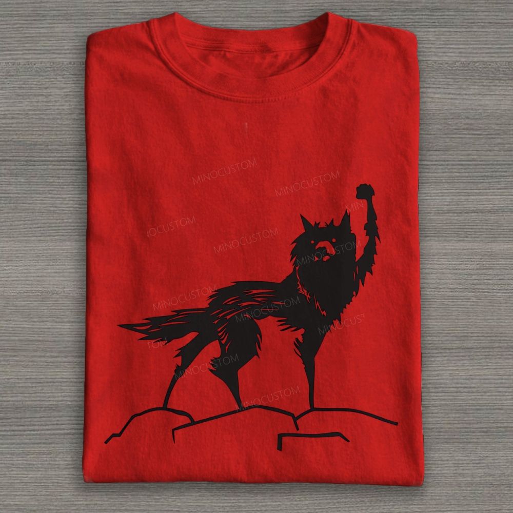 Minimalist Silhouette Wolf Raising Fist Graphic Cotton T-shirt