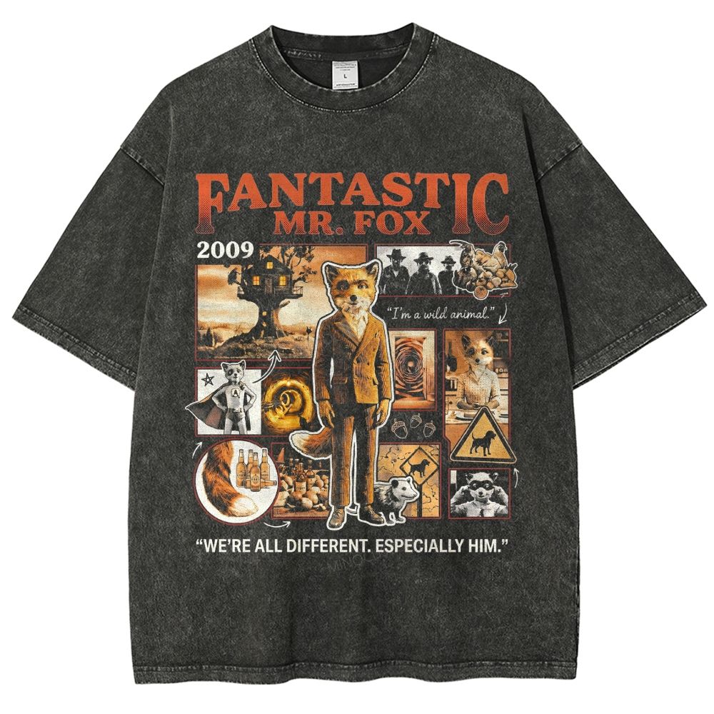 Vintage Collage Anthropomorphic Fox Unisex Fit Washed T-Shirt
