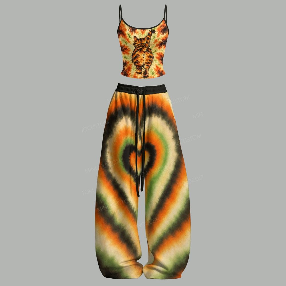 Cute Chubby Kitten Back Print Top & Elasticated Trousers Two-Piece Set