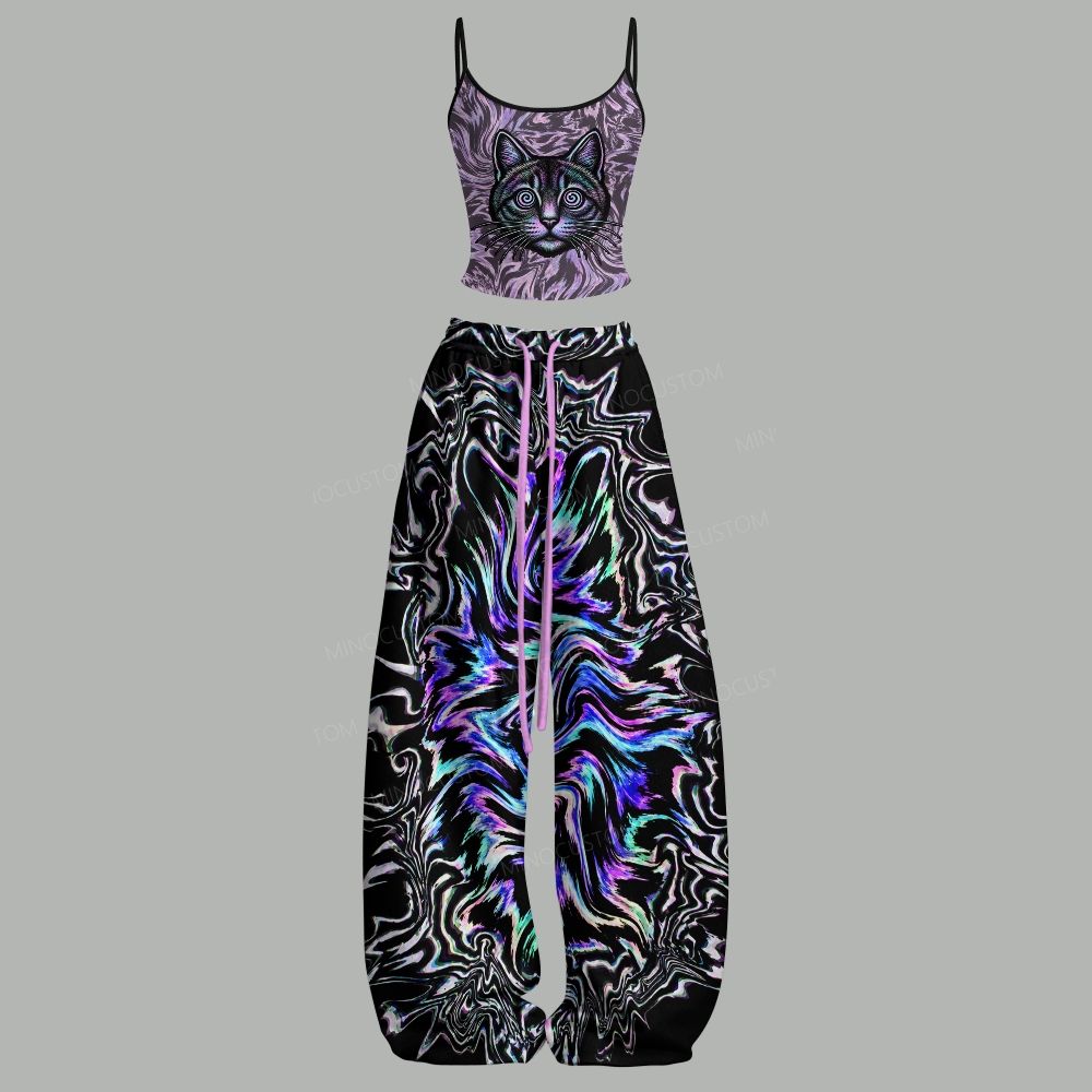 Trippy Mystic Black Cat Graphic Top & Elasticated Trousers Two-Piece Set