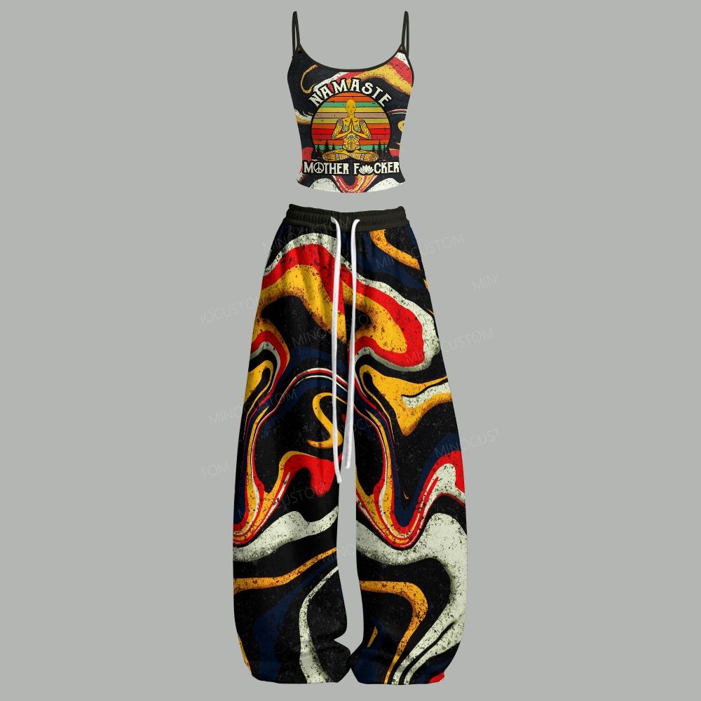 Retro Namaste Meditation Top & Elasticated Trousers Two-Piece Set