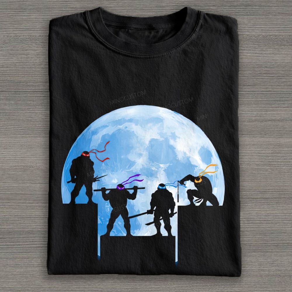 Blue Moon Turtle Silhouette Rooftop Scene Cotton T-shirt 