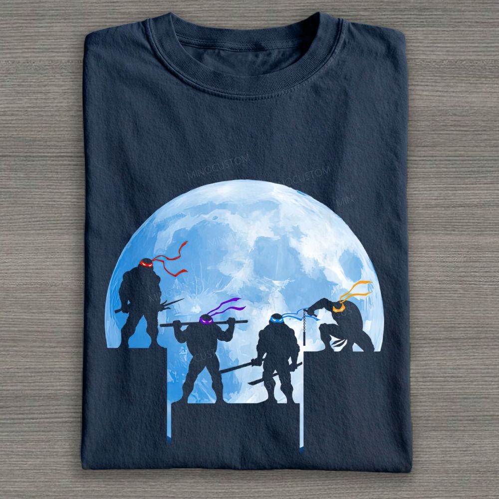 Blue Moon Turtle Silhouette Rooftop Scene Cotton T-shirt 