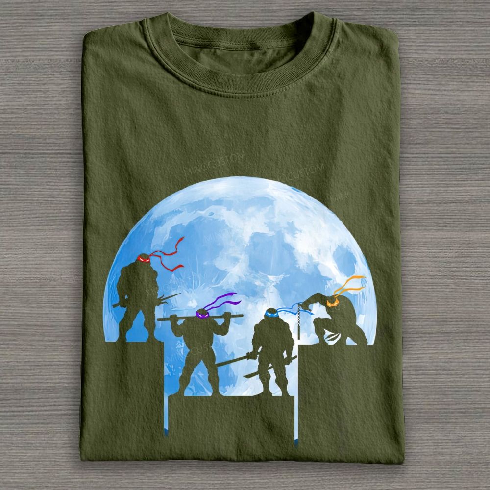 Blue Moon Turtle Silhouette Rooftop Scene Cotton T-shirt 