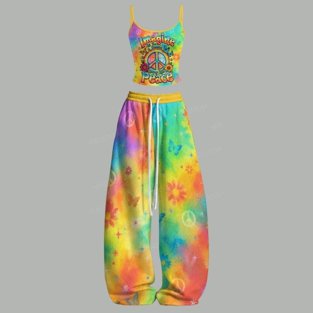 Hippie Peace Flower Butterfly Slogan Top & Elasticated Trousers Two-Piece Set