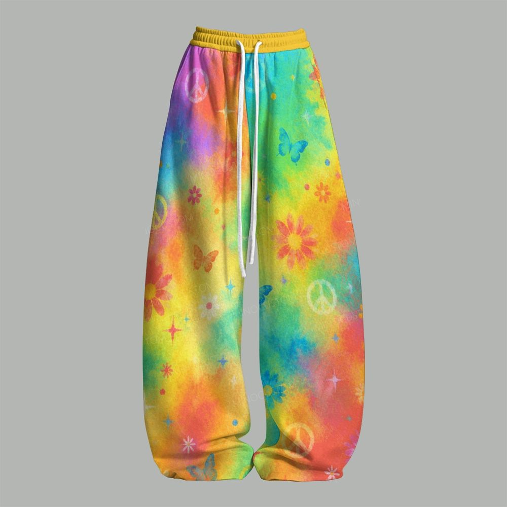 Hippie Peace Flower Butterfly Slogan Top & Elasticated Trousers Two-Piece Set