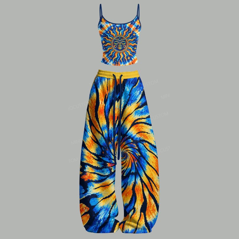 Boho Tie‑Dye Sun Face Top & Elasticated Trousers Two-Piece Set