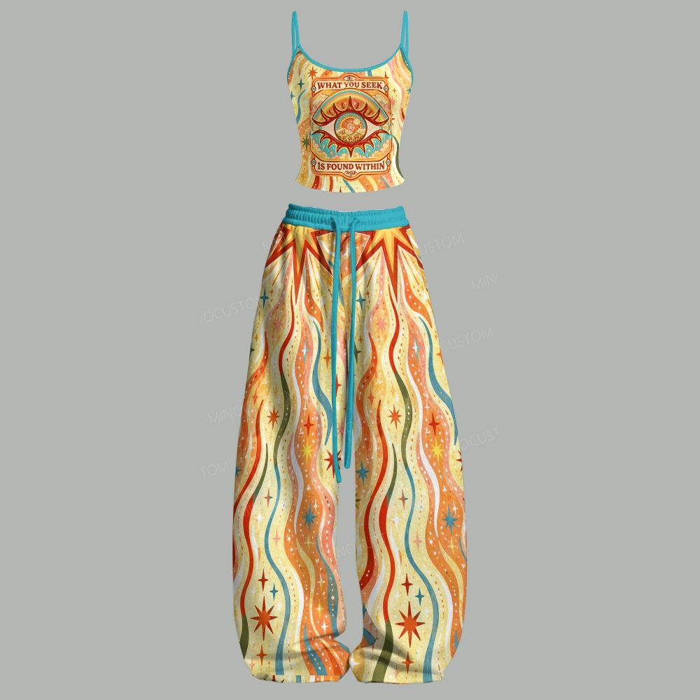 Vintage Tarot Style Quote Eye Top & Elasticated Trousers Two-Piece Set