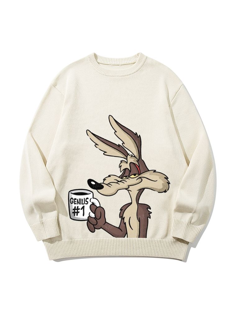 "Genius #1" Wile E. Coyote Crew Neck Long-Sleeved Knit Sweater