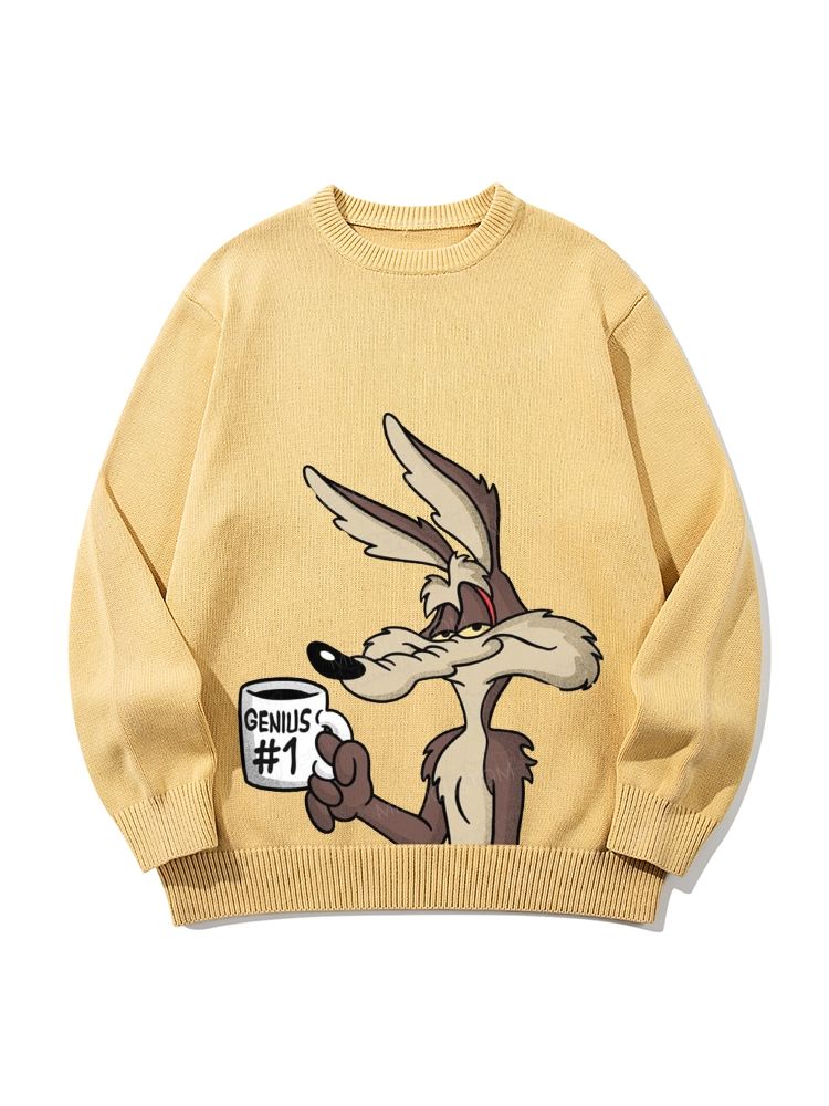 "Genius #1" Wile E. Coyote Crew Neck Long-Sleeved Knit Sweater