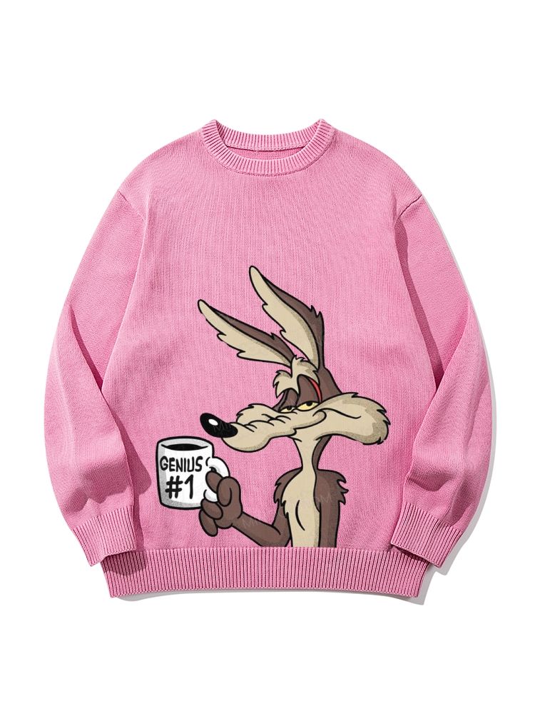"Genius #1" Wile E. Coyote Crew Neck Long-Sleeved Knit Sweater