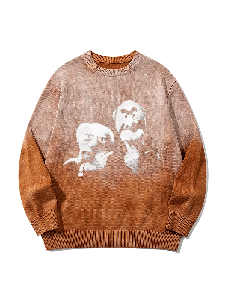 Statler & Waldorf Black & White Print Gradient Tie Dye Knit Pullover Sweater