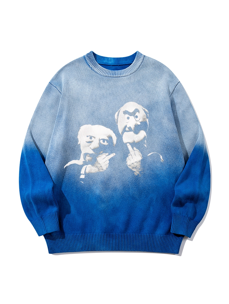 Statler & Waldorf Black & White Print Gradient Tie Dye Knit Pullover Sweater