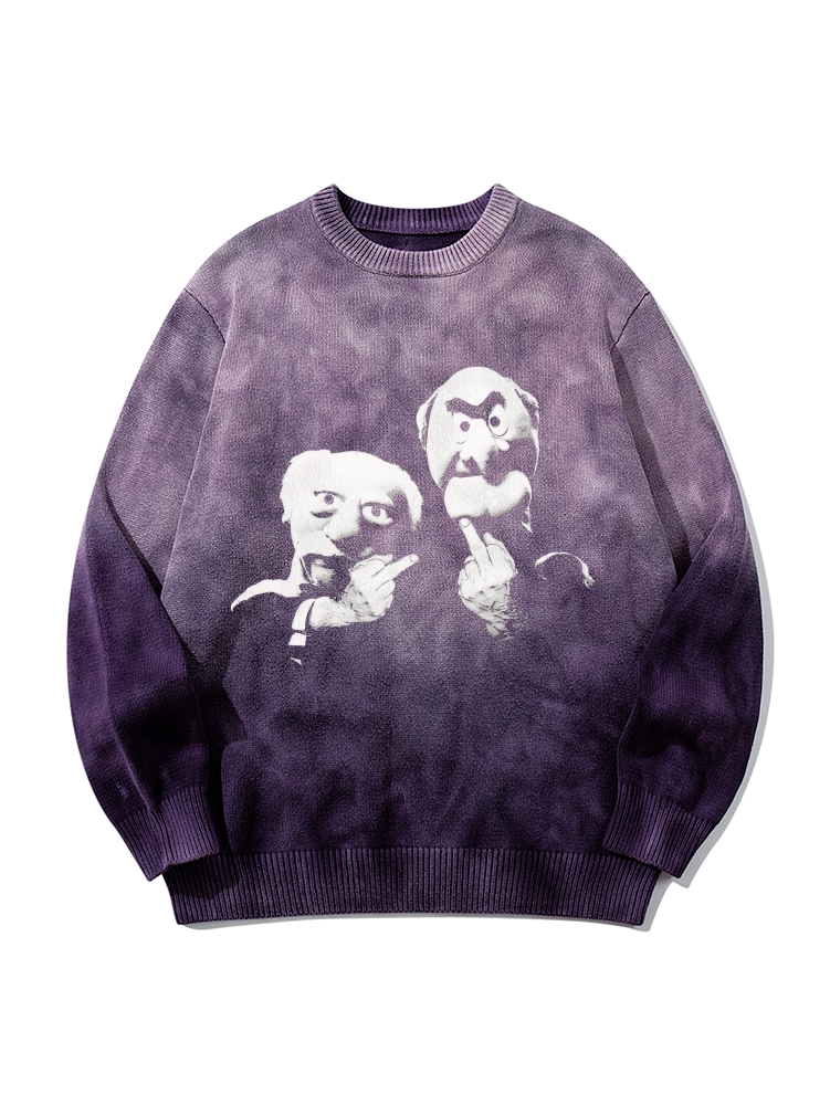 Statler & Waldorf Black & White Print Gradient Tie Dye Knit Pullover Sweater