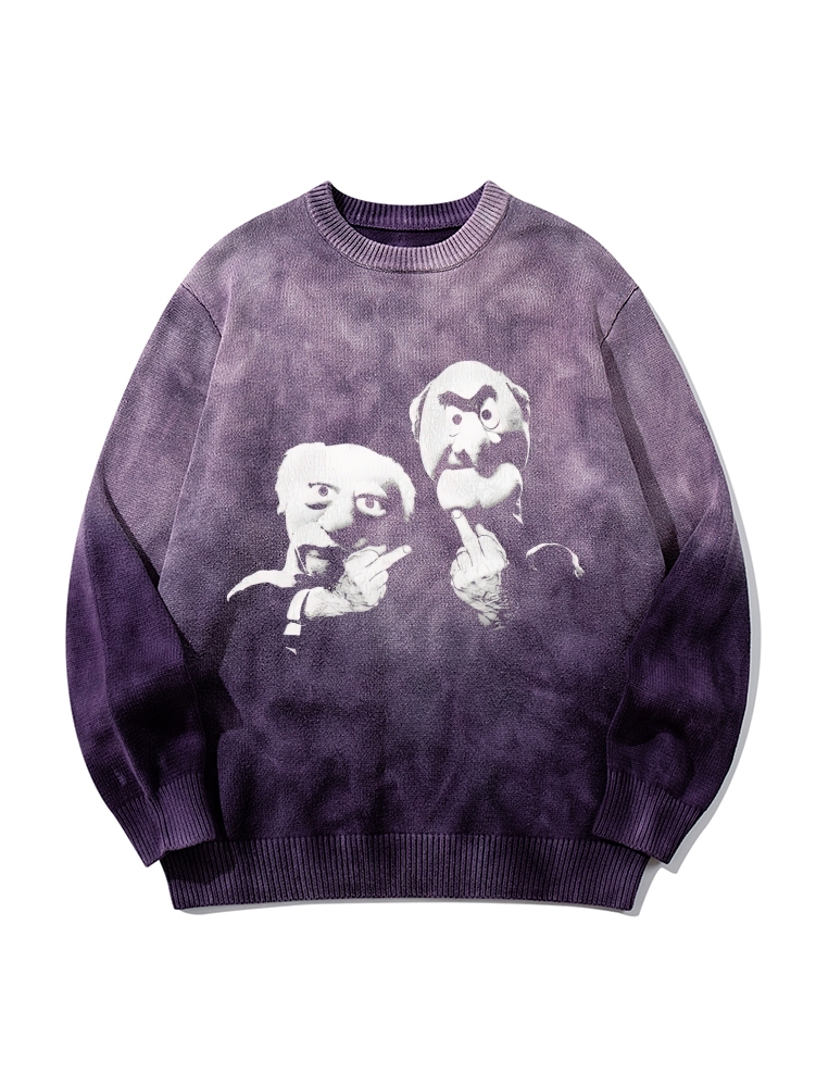 Statler & Waldorf Black & White Print Gradient Tie Dye Knit Pullover Sweater