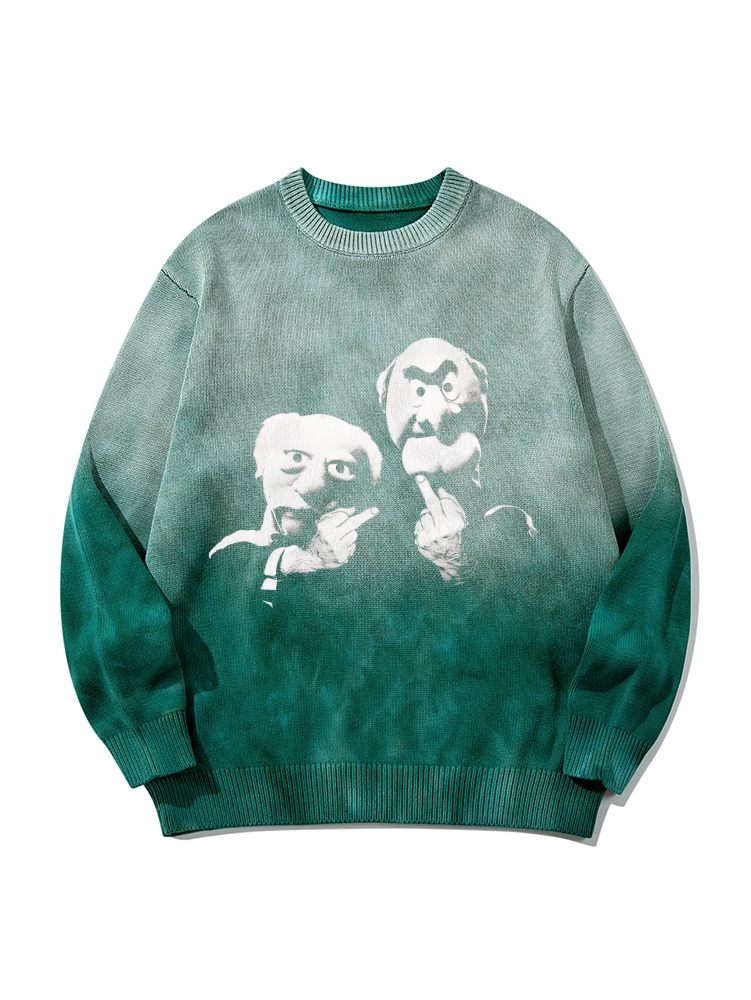 Statler & Waldorf Black & White Print Gradient Tie Dye Knit Pullover Sweater
