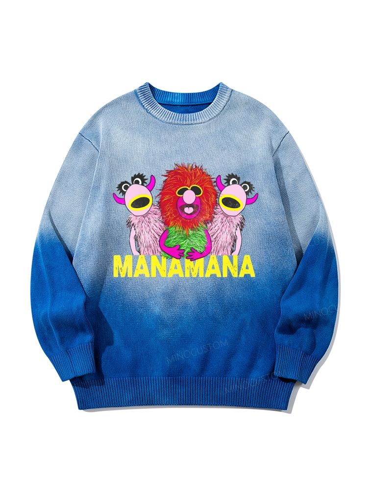 Retro Weird Creature Art Print Gradient Tie Dye Knit Pullover Sweater