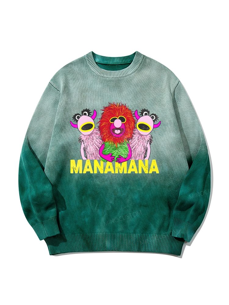 Retro Weird Creature Art Print Gradient Tie Dye Knit Pullover Sweater