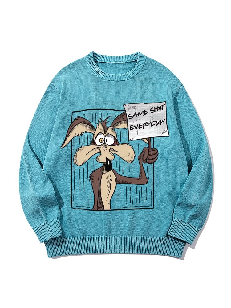 "Same Sht Everyday" Wile E. Coyote Meme Crew Neck Long-Sleeved Knit Sweater