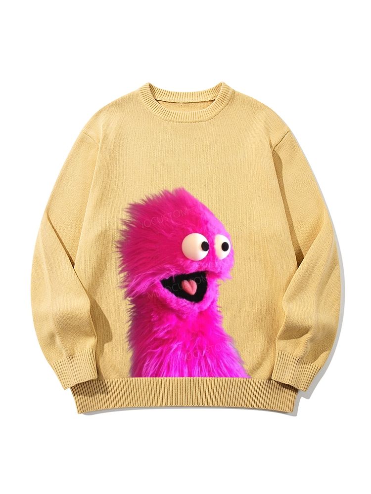 "Pink Fuzzy Muppet" Retro Crew Neck Long-Sleeved Knit Sweater