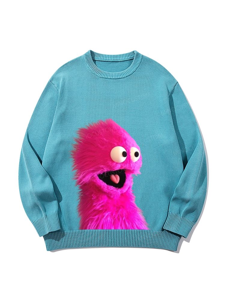 "Pink Fuzzy Muppet" Retro Crew Neck Long-Sleeved Knit Sweater
