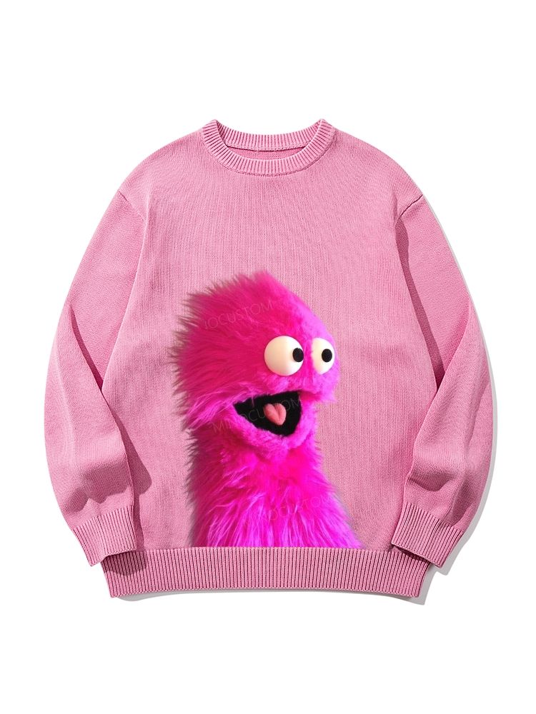 "Pink Fuzzy Muppet" Retro Crew Neck Long-Sleeved Knit Sweater