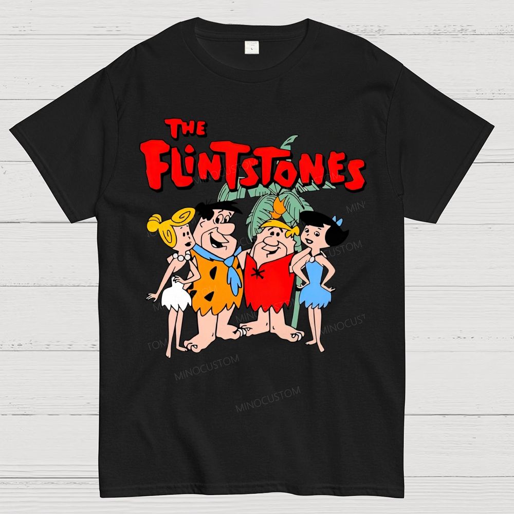 Vintage Prehistoric Caveman Family Cartoon Graphic Cotton T-Shirt
