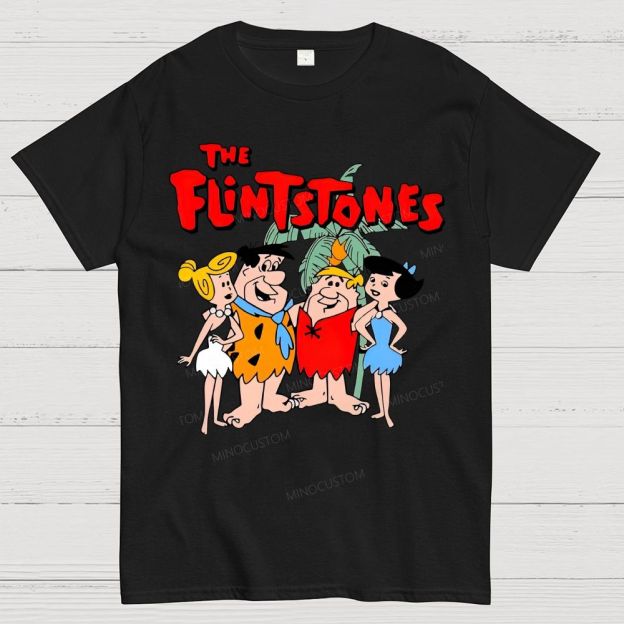 Vintage Prehistoric Caveman Family Cartoon Graphic Cotton T-Shirt