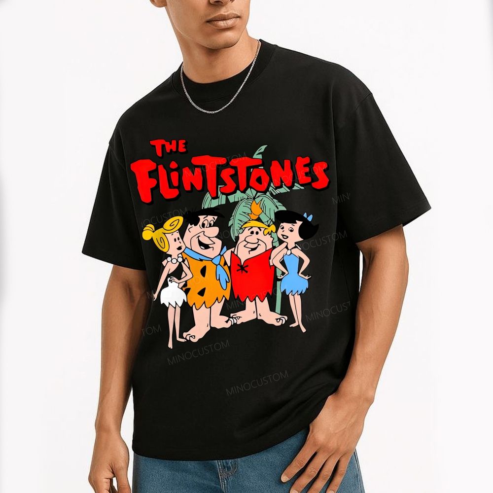 Vintage Prehistoric Caveman Family Cartoon Graphic Cotton T-Shirt