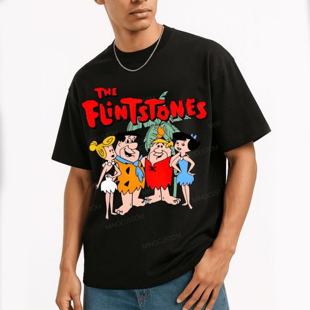 Vintage Prehistoric Caveman Family Cartoon Graphic Cotton T-Shirt