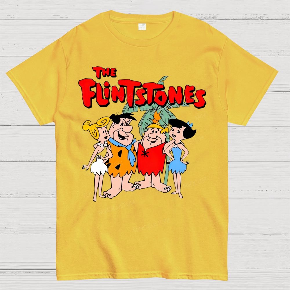 Vintage Prehistoric Caveman Family Cartoon Graphic Cotton T-Shirt