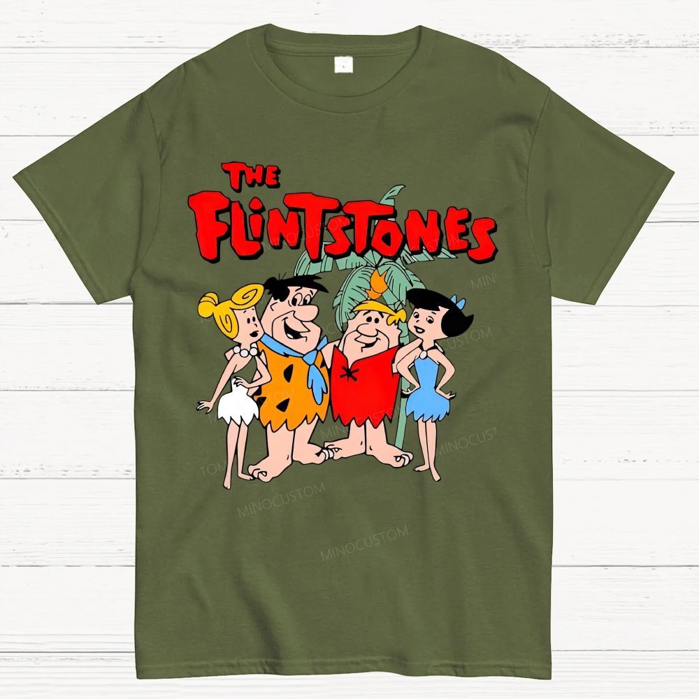 Vintage Prehistoric Caveman Family Cartoon Graphic Cotton T-Shirt